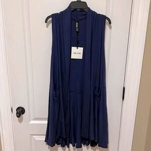 New Agnes & Dora Cascade Sleeveless Open Cardigan Vest Stretch Navy